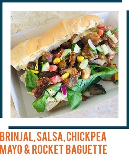 Brinjal, Salsa, Chickpea Mayo & Rocket Baguette