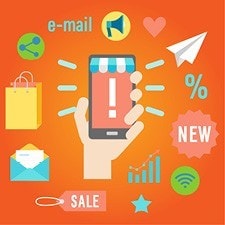 Cartoon phone with notifications like Email, sale, new, mail. 