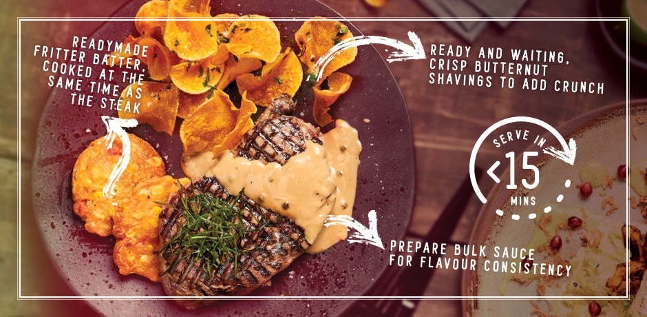 STEAK ME HOME – GRILLED STEAK WITH A CORN AND CHARGRILLED RED PEPPER FRITTER SERVED WITH CRISP BUTTERNUT SHAVINGS AND CREAMY PEPPERCORN SAUCE