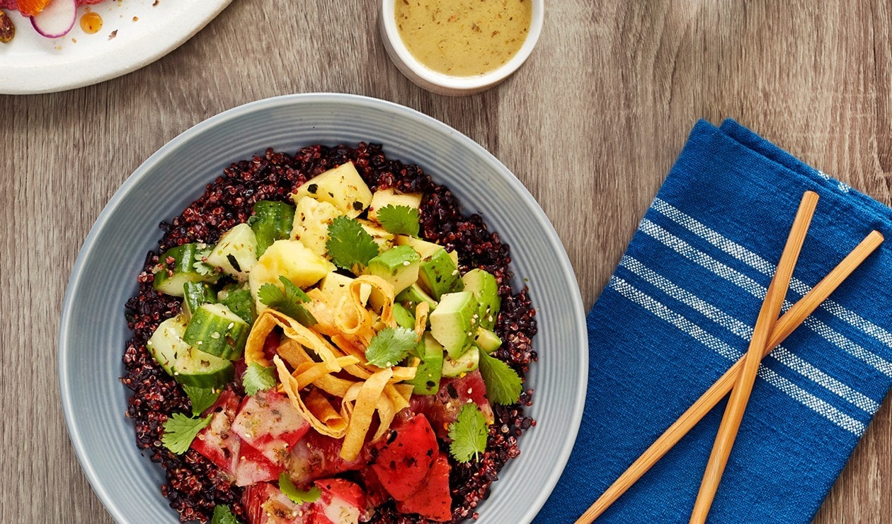 Tuna Poke Taco Bowl with Pineapple and Pickled cucumber