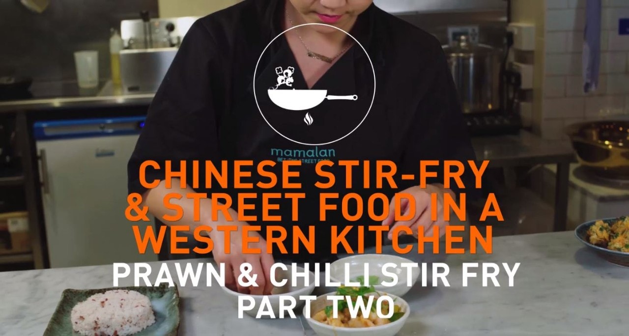 Thumbnail of chef prepping in kitchen for Chinese Stiry-fry_6.Prawn & chilli stir-fry (part 2)_UFSAcademy video. 