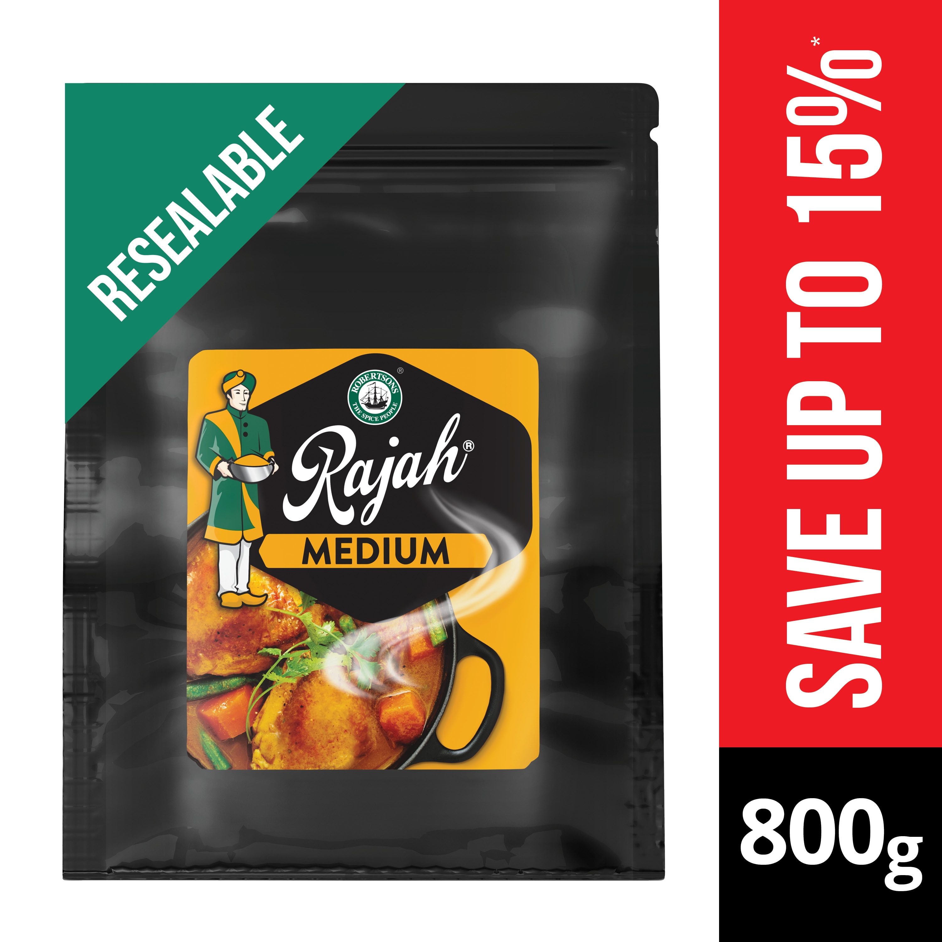 Robertsons Medium Rajah Curry Powder (Pouch) 800 g - Rajah Medium’s blend of herbs and spices delivers the flavour, aroma and colour my guests love.