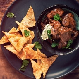 Peri-Peri Chicken Livers with Wheat Triangles and Crème Fraîche