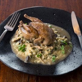 Braised Quail with Shimeji Mushroom Maize Rice Rissoto