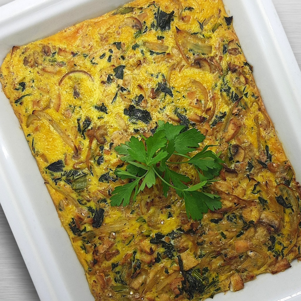 Crustless Chicken Quiche with Spinach, Mushroom and Caramelised Onions