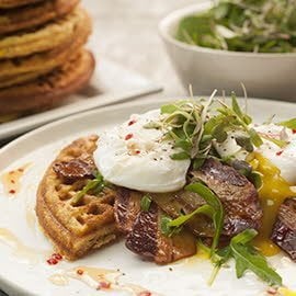 Cornbread Waffle, Crispy Bacon, Poached Egg and Chilli Honey Drizzle