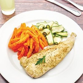 Pan-Fried Hake with Sweet Potato Chips and Baby Marrow Ribbons