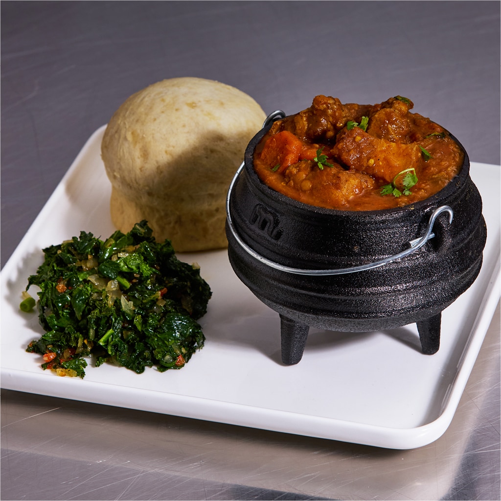Pork Potjie Stew with Red Lentils, Steamed Bread, Pickled Vegetable and Morogo