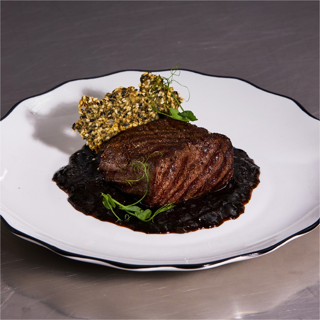 Fillet with Nori-Sesame Tuile & Wakame Chilli-Ginger Jus