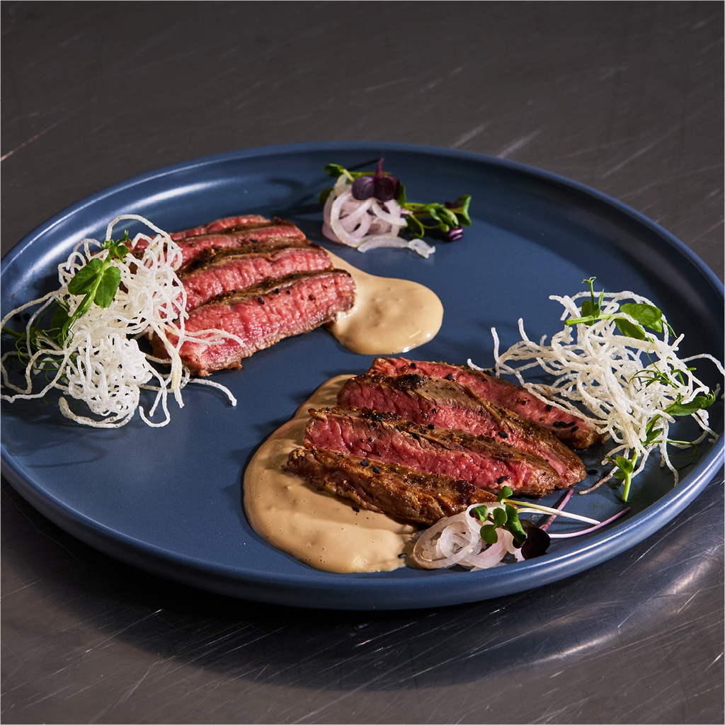 Flank Steak Tataki with Umeboshi Emulsion & Crispy Kataifi Garnish