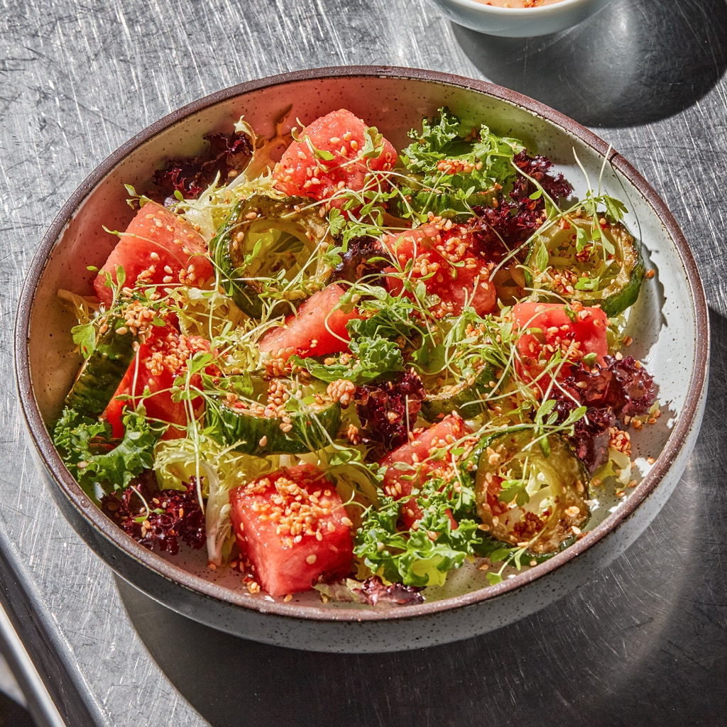 Morogo And Watermelon Zen Bowl With Sweet Sour Chilli Honey Dressing