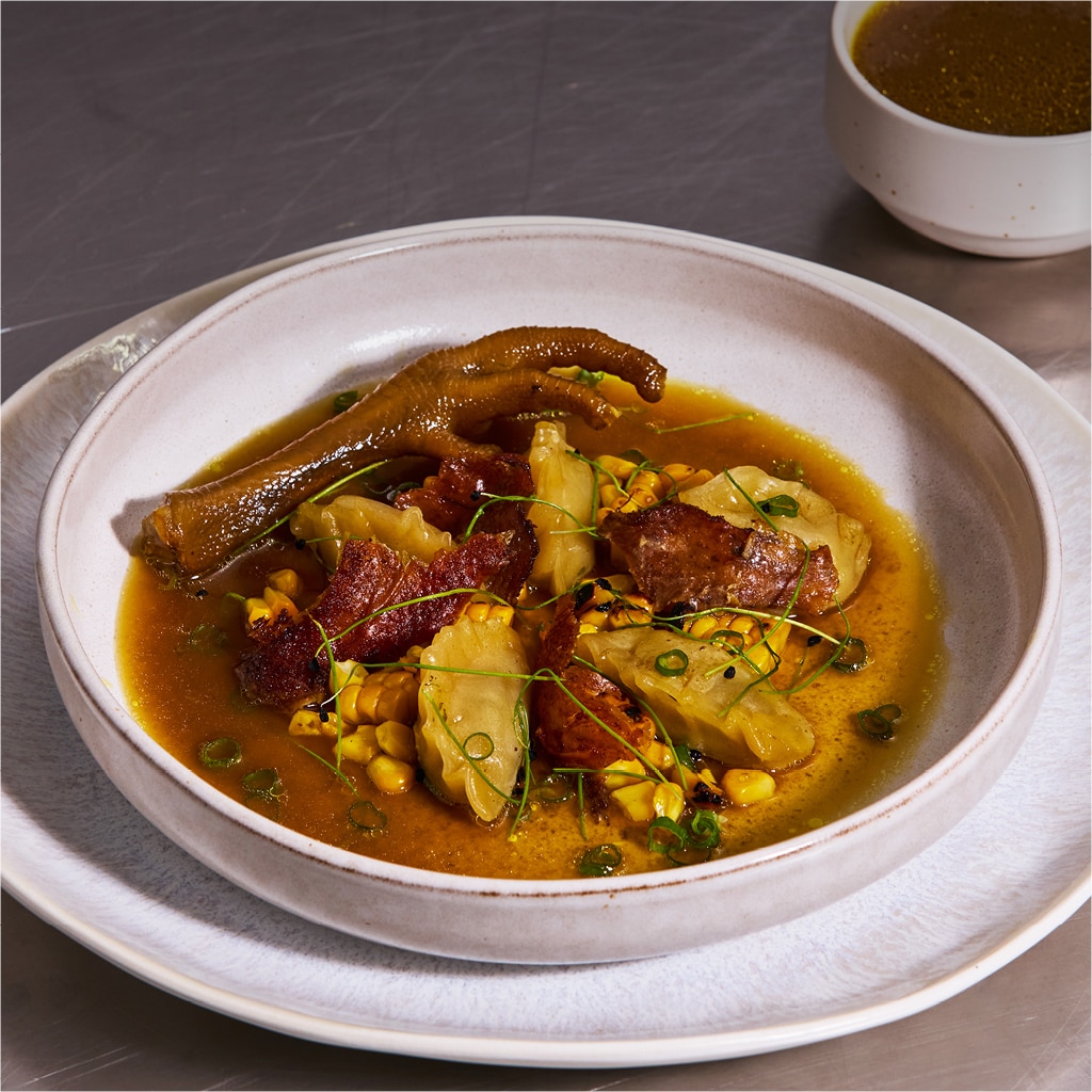 Umleqwa Broth with Stuffed Dumplings and Crackling