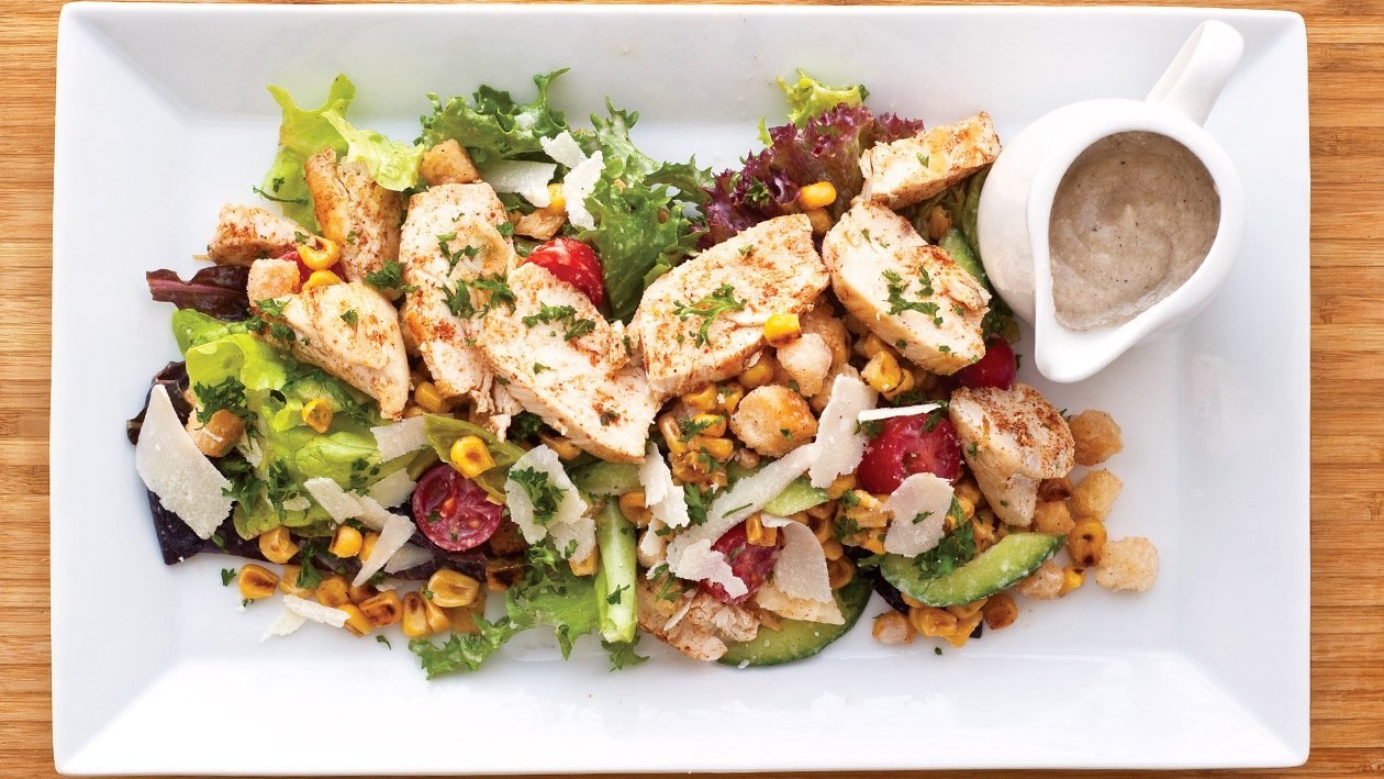 BBQ Chicken, Crouton and Corn Salad with a Creamy Parmesan Ranch Dressing
