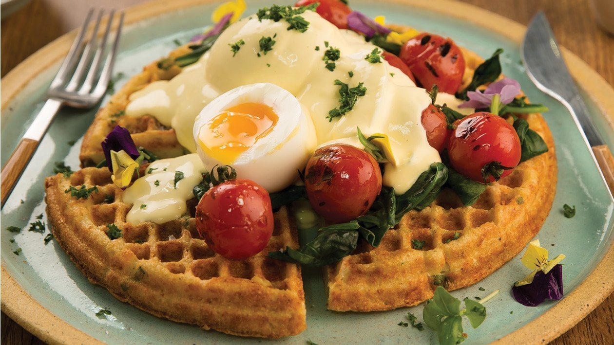 Cauliflower Waffle with Wilted Baby Spinach, Sautéed Baby Tomatoes and Soft Boiled Egg, Topped with Hollandaise Sauce – - Recipe