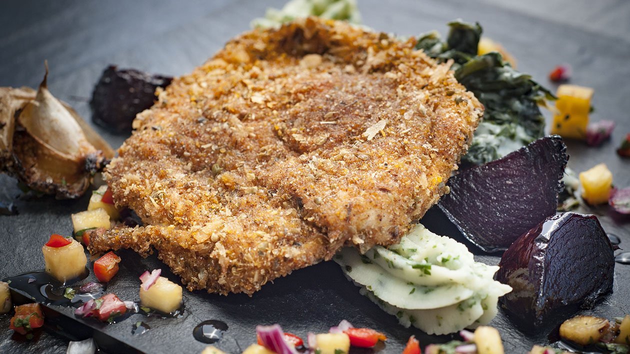 Crumbed Chicken Breast served with Herb Mash – - Recipe
