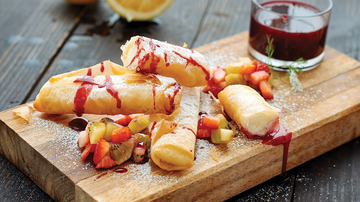Deep-Fried Cheesecake Phyllo Cigars Served With Wild Berry Dipping Sauce