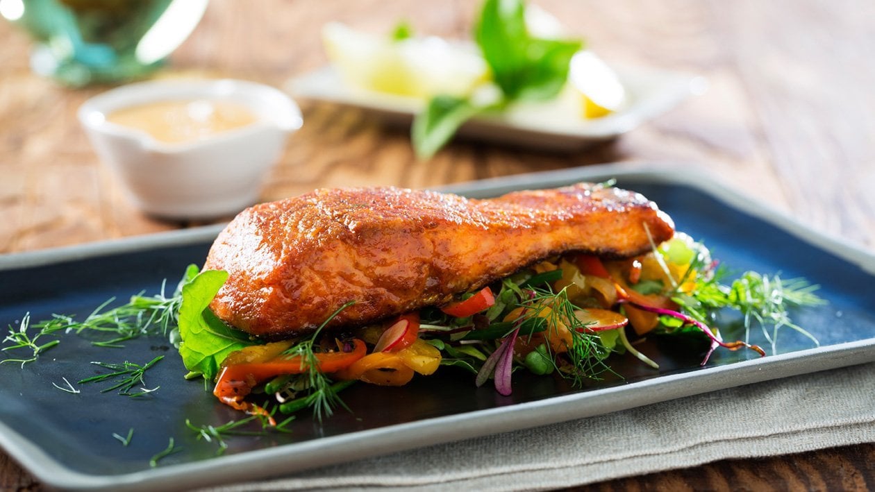 Paprika Flavored Norwegian Seared Salmon with Caramelized Red Peppers