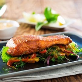 Paprika Flavored Norwegian Seared Salmon with Caramelized Red Peppers