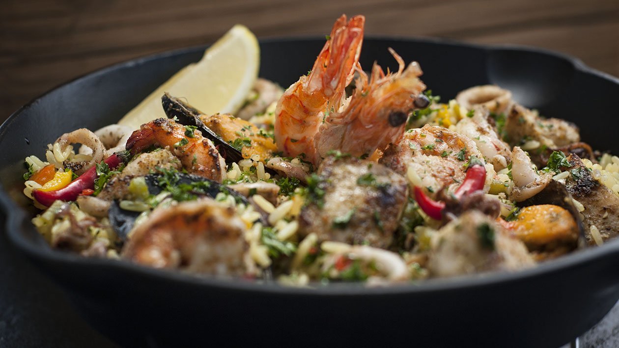 Spicy Grilled Melange of Seafood, tossed in Lemon Centered Savory Rice
