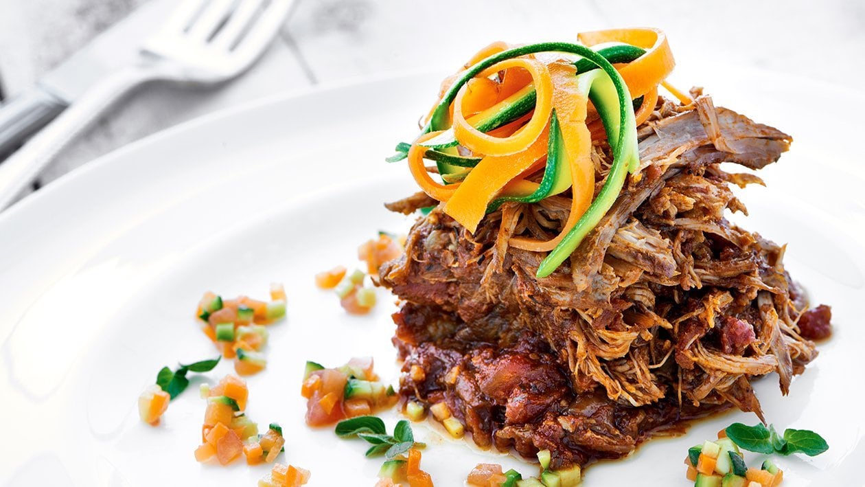 Tomato and Paprika Slow Cooked Pork with Carrot and Courgette Ribbons (Low Carb)
