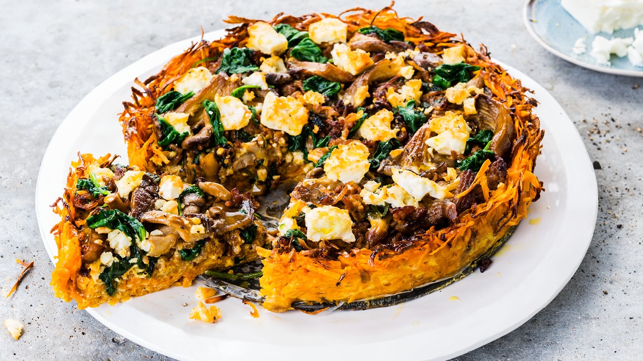 Sweet Potato Pie with Mince Meat, Baby Spinach, Mushrooms, and Feta – - Recipe