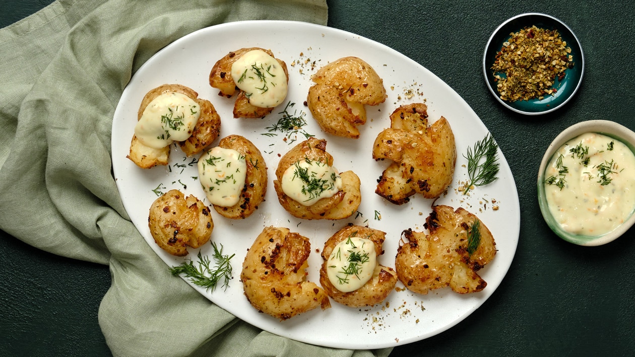 Smashed Potatoes with Tartare Sauce – - Recipe