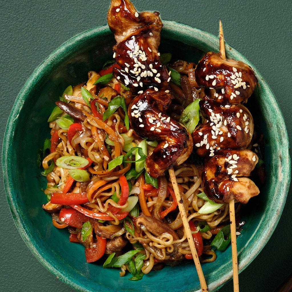 Yakitori Chicken Skewers on Yakisoba Noodles