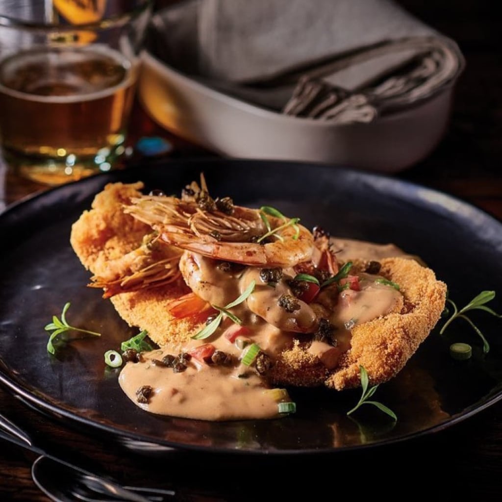 Chicken Schnitzel & Prawns with a Capers & Creamy Garlic Gravy