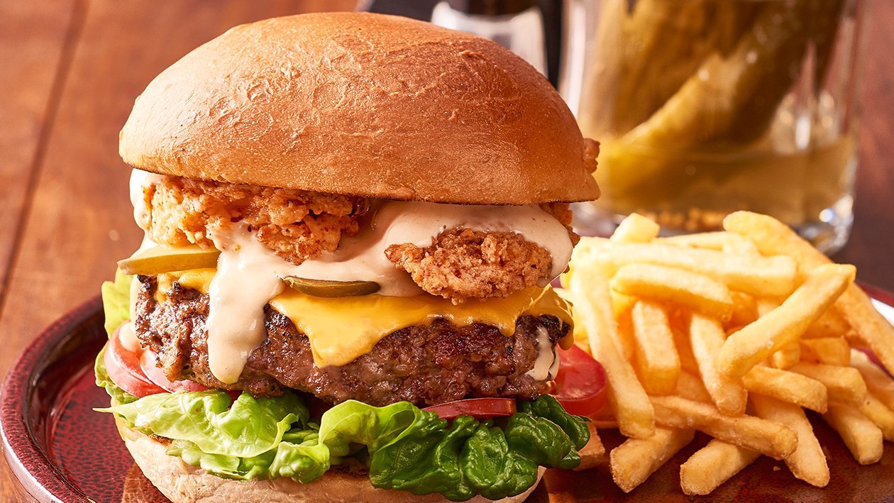 Beef Burger with Deep- Fried Bacon and Thousand Island Dressing – - Recipe