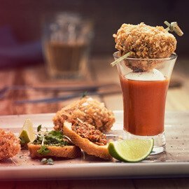 Calamari stuffed with Chorizo, bruschetta and a Spicy Gazpacho Shooter