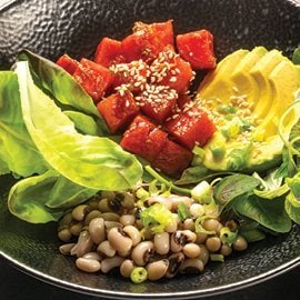 Watermelon, Beetroot, Amaranth Leaves, and Cowpeas Poké Bowl