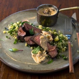 Rump Steak with Green Phutu Pap Served with Mustard and Mushroom Sauce
