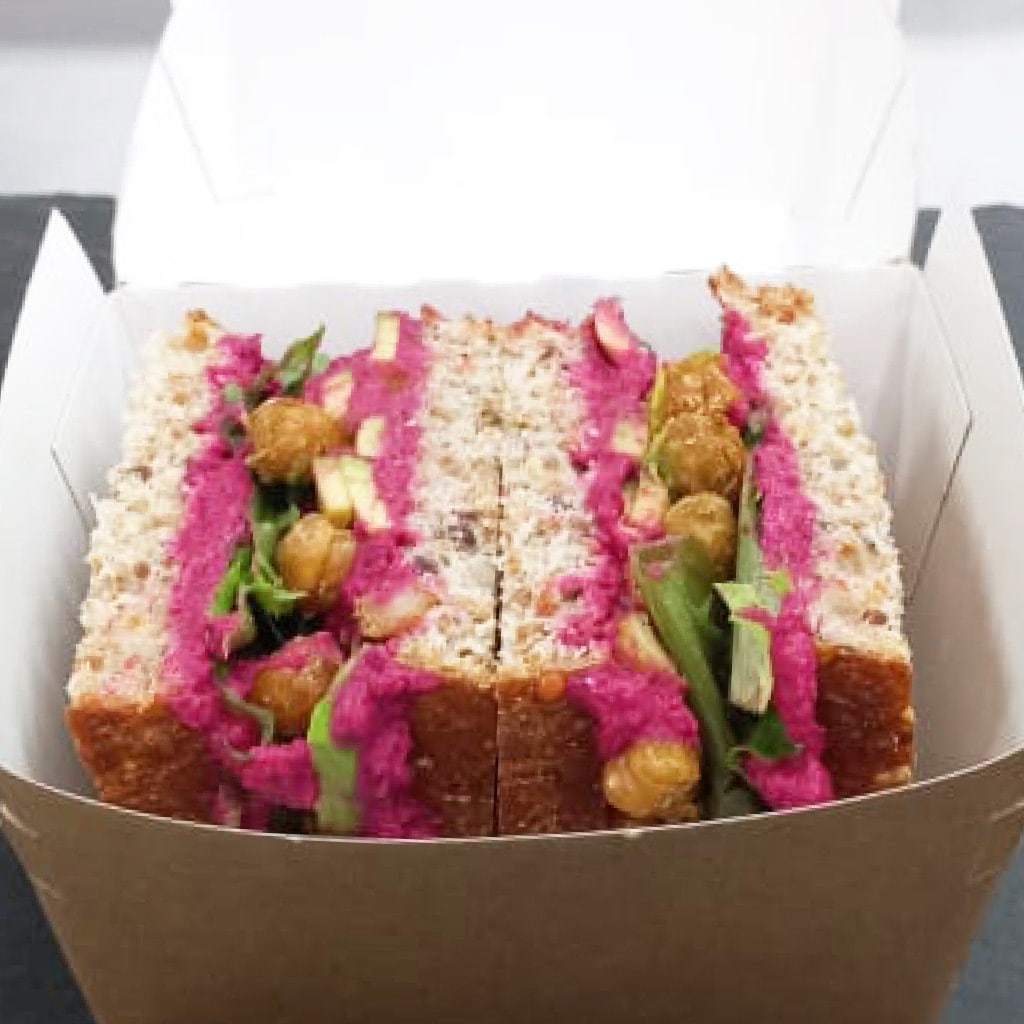 Roasted Beetroot Hummus, Crispy Chickpea Sandwich