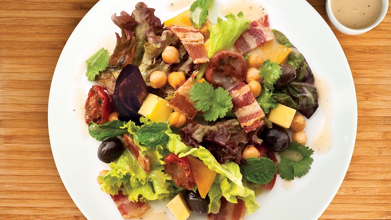 Crispy Bacon, Chickpea, Mozarella and Sundried Tomato Salad – - Recipe