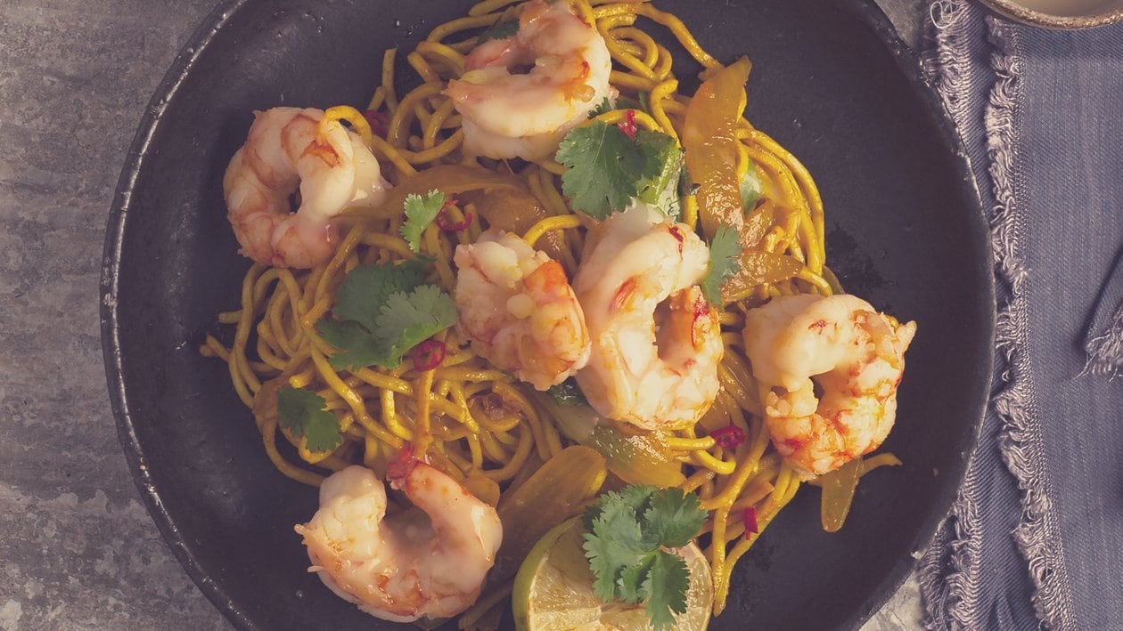 Garlic Prawns on Sauteed Tumeric Noodles with a Lemongrass, Chilli and Lime Dressing – - Recipe