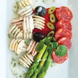 Grilled Salami, Red Pimento and Black Olive Pasta Spirals