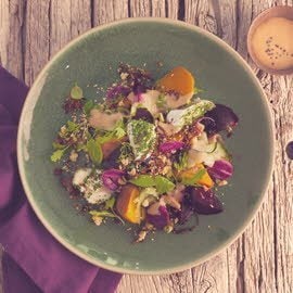 Butternut and Sweet Potato, Ginger Pickled Cucumber and Crottin Salad