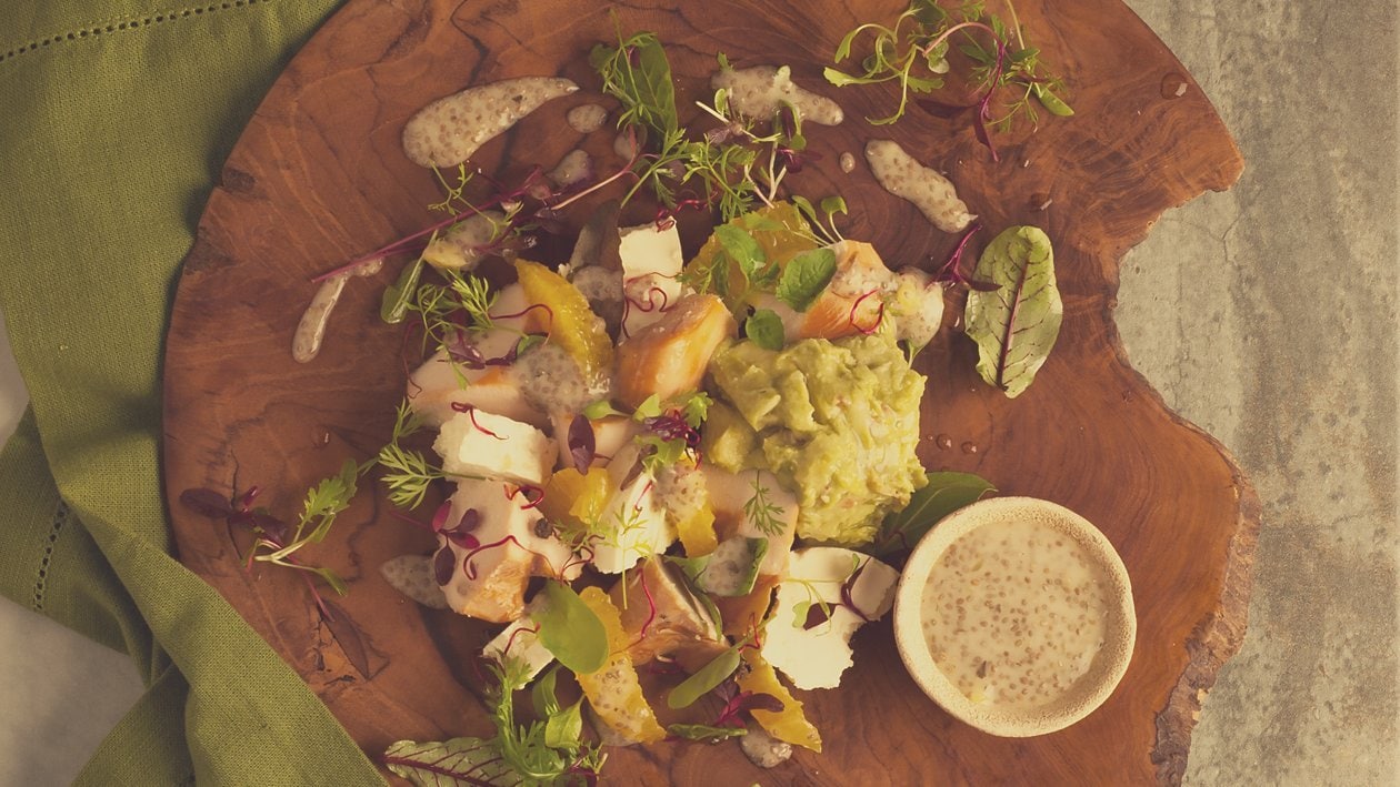 Smoked Chicken, Feta and Guacamole Salad with Orange and Chia Seed Dressing