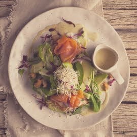 Smoked Trout, Bok Choy and Avocado Salad with Alfafa Sprouts