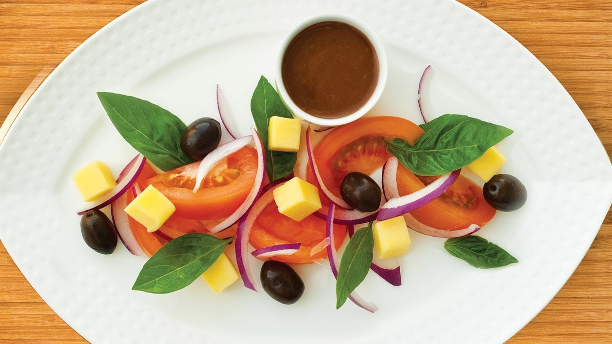 Tomato, Olive, Basil & Mozarella Salad with a Balsamic Honey & Mustard Dressing – - Recipe