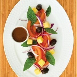 Tomato, Olive, Basil & Mozarella Salad with a Balsamic Dressing