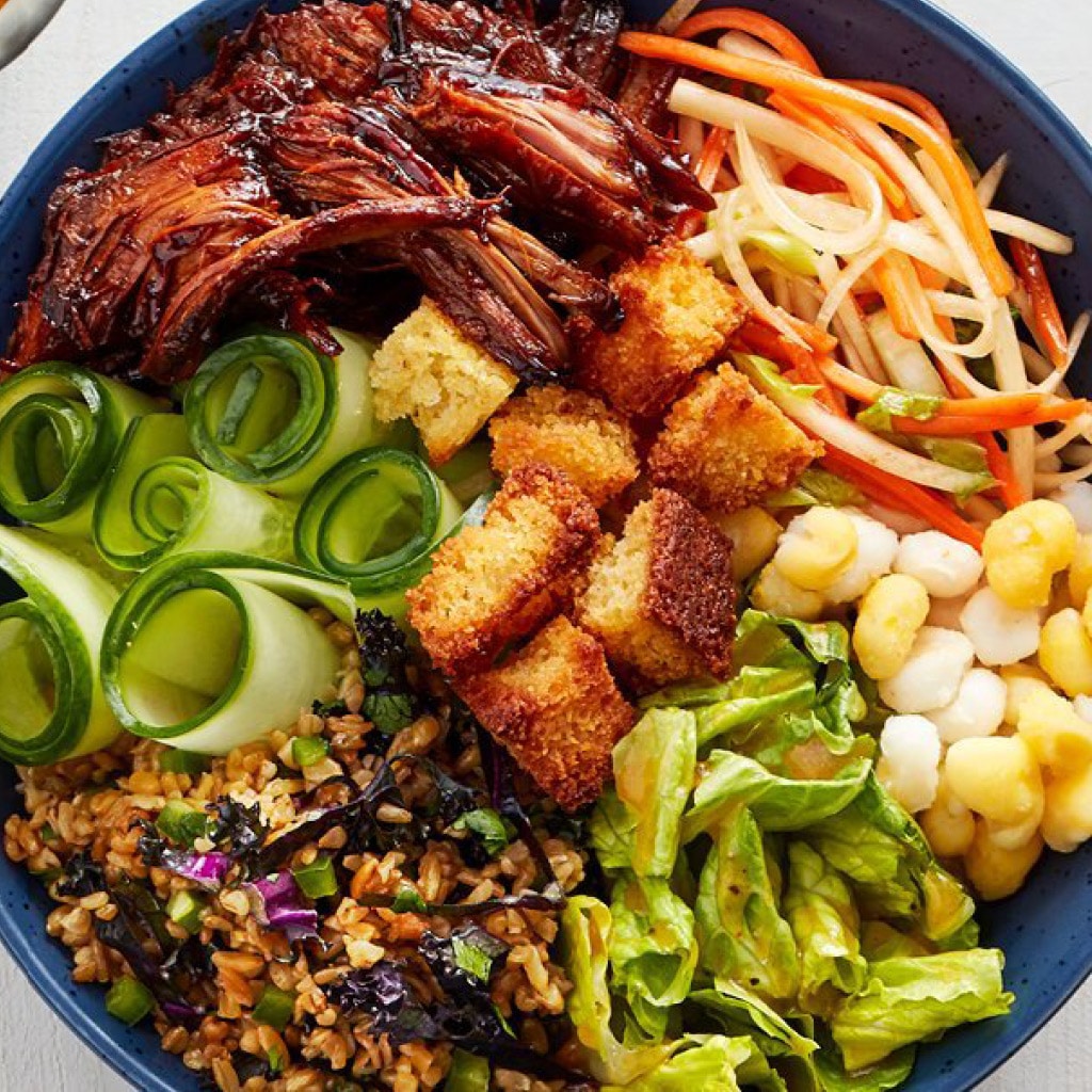 Thai BBQ Pulled Pork Bowl with Bulgar Wheat, Kimchi Slaw and Croutons