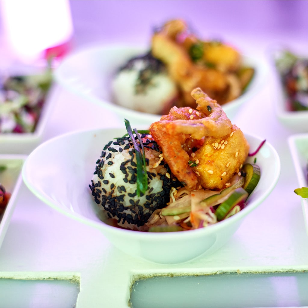 Korean Tofu, Green Papaya salad, Sesame, Jasmine rice, Ponzu pickles, Peanut Chilli and Tempura Nori