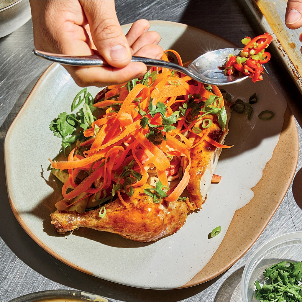 Half Baby Chicken With Ramen Salad and Foamed Sweet and Sour Hollandaise