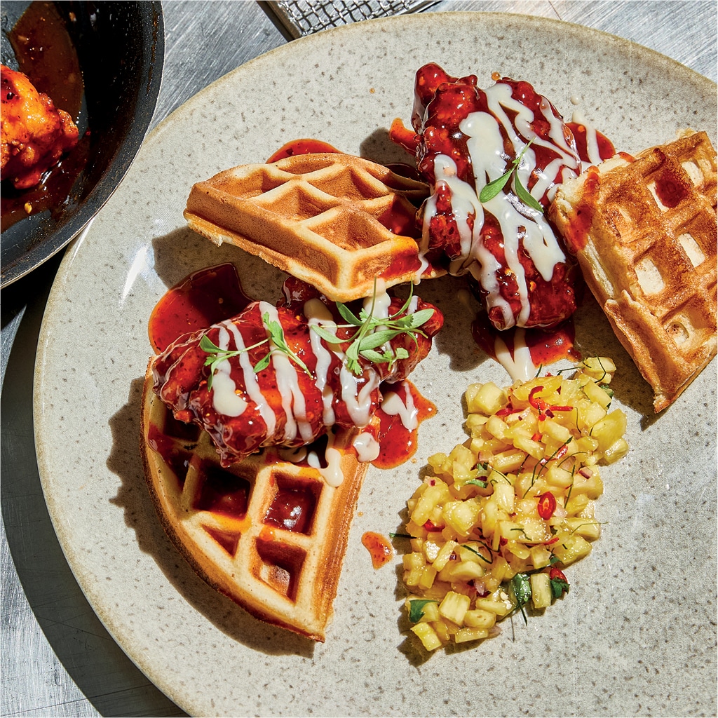 Spicy Asian Glazed Fried Chicken & Waffles with Maple Mayonnaise