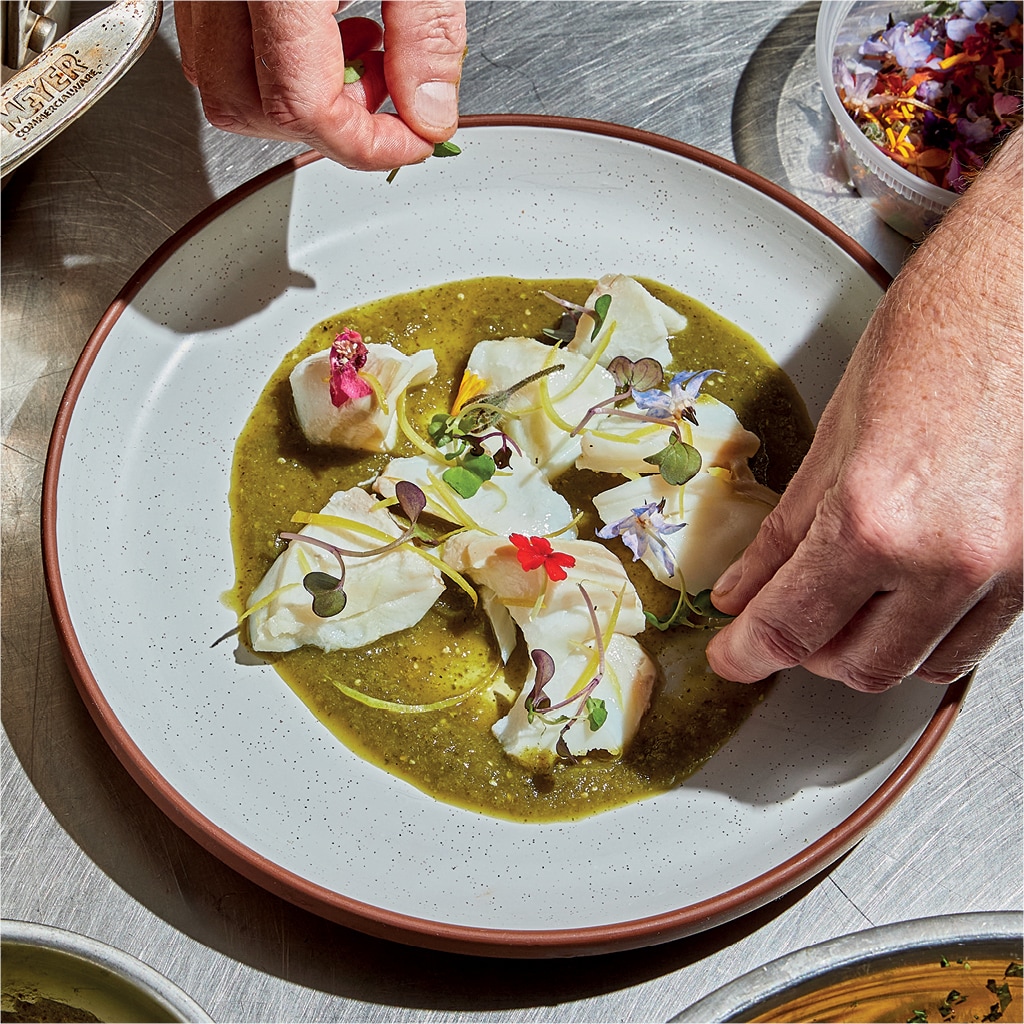 Steamed Lightly Salted White Fish with Fire-roasted Salsa Verde, Fries with Gremolata Aioli