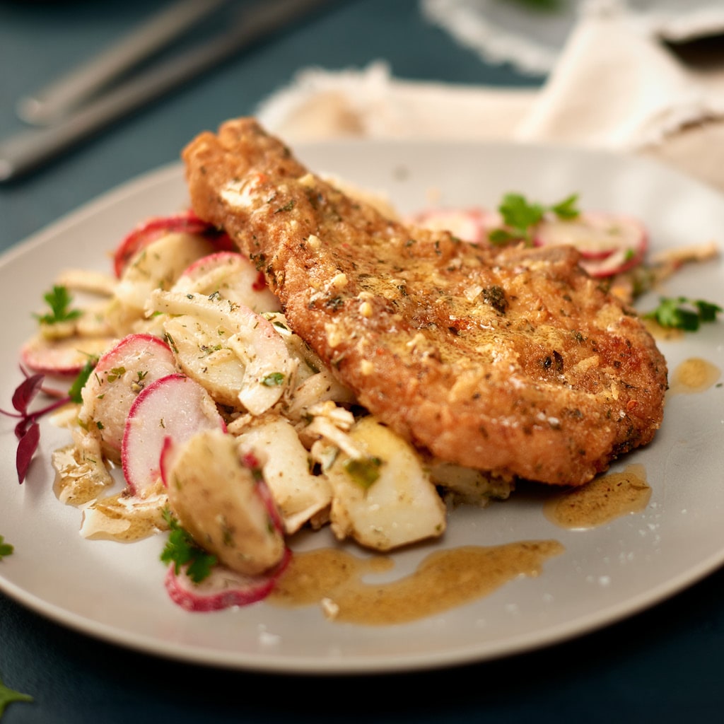 Crumbed Pork Chops with a Fennel and Radish Potato Salad and a Mustard Vinaigrette