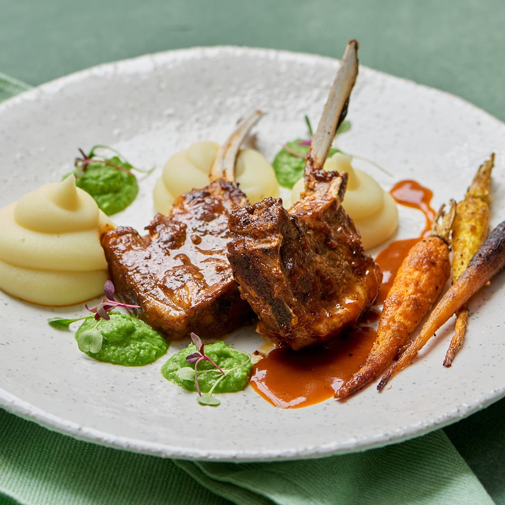 Prego Lamb Chops with Truffle Mash, Roasted Baby Carrots and Pea Mousse