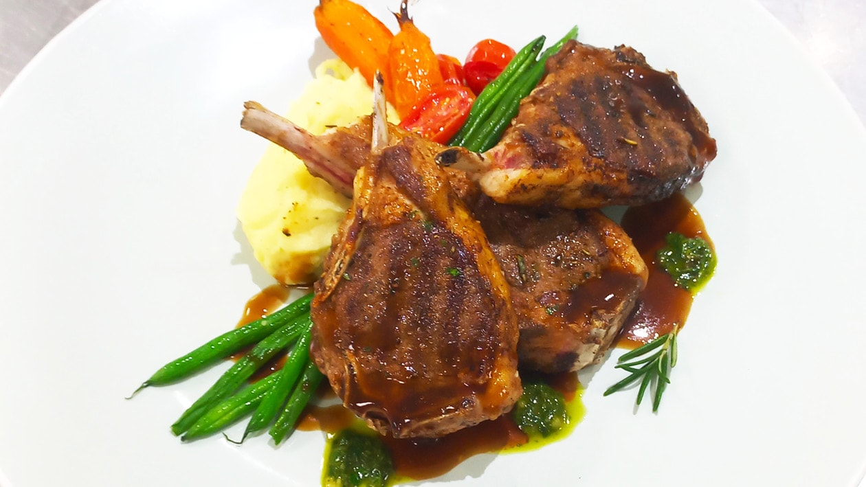 Grilled Lamb Chops with Herbed Mash, Baby Roast Veg and Mint Jus – - Recipe