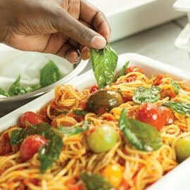 Burst Baby Tomatoes and Saucy Spaghetti